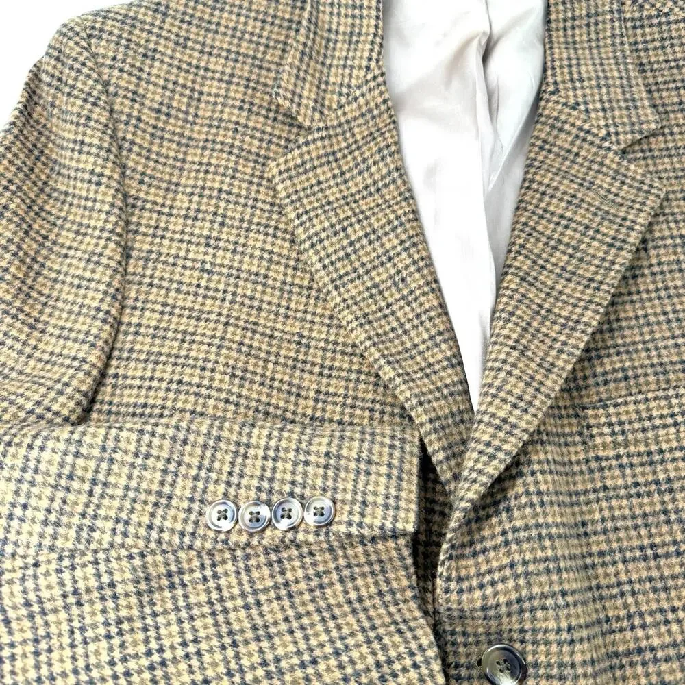 Jos A Bank 100% Camel Hair Sport Coat 44XL Houndstooth‎ Tan Navy Blazer 3-Button